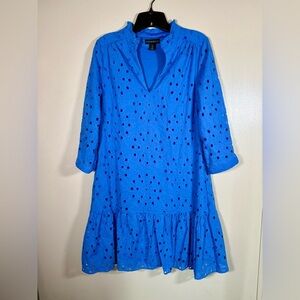 Cynthia Rowley 3/4 Sleeve V-Neck Ruffle Bottom Blue Cotton Dress Size Small